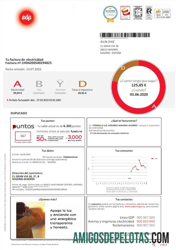 imprimível Modelo de conta de serviços públicos ESPANHA EDP, versão 2